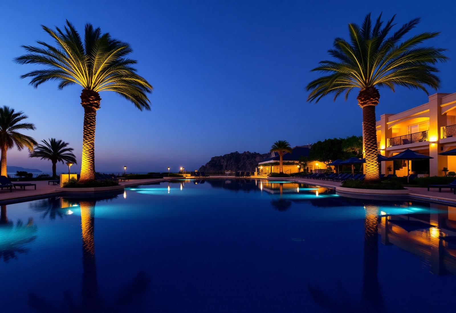 The hotel pool at dusk